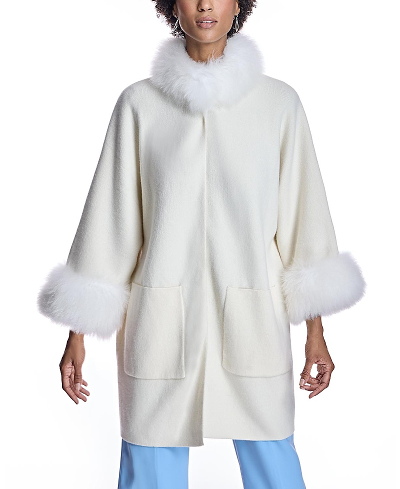 Maximilian Cashmere Kimono With Cashmere Goat Trim In Off White