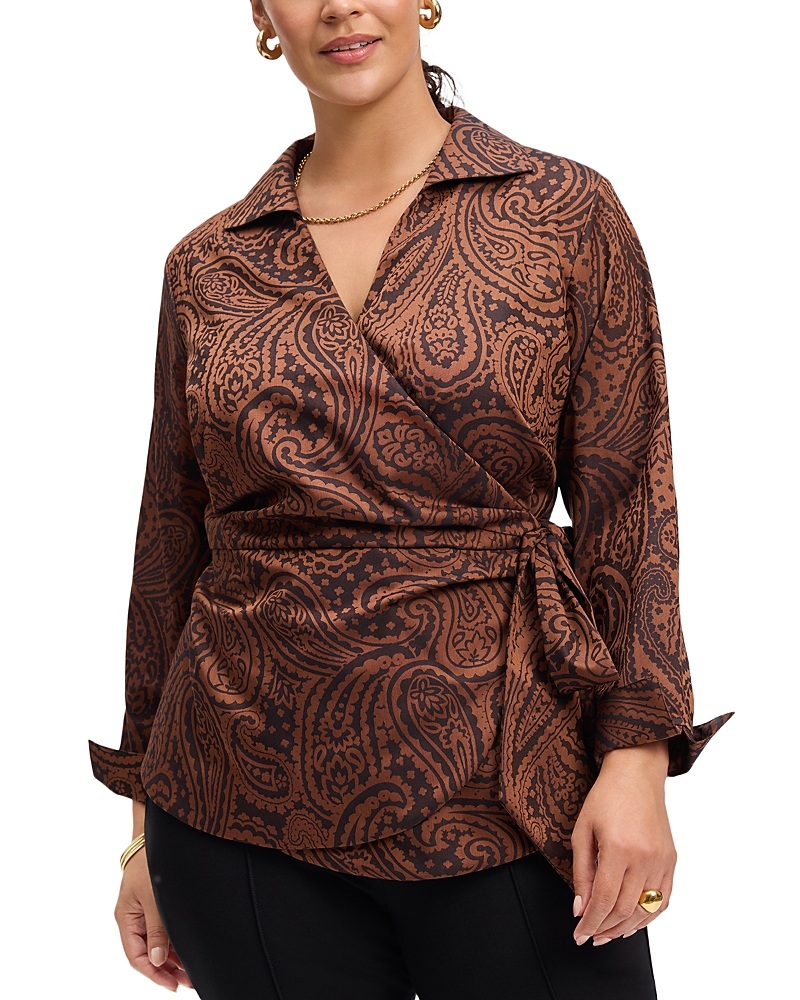 Foxcroft Plus Paisley Jacquard Wrap Shirt In Macchiato