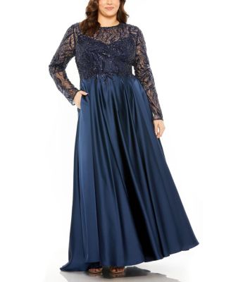  Plus Sheer Long Sleeve Beaded Top Satin Gown