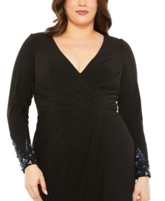  Plus Long Crystal Detail Sleeve V Neck Gown