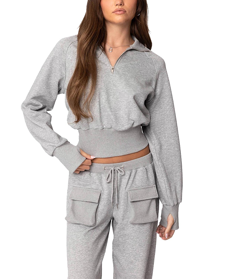 Edikted Bailey French Terry Crop Quarter Zip Sweatshirt In Gray Melange
