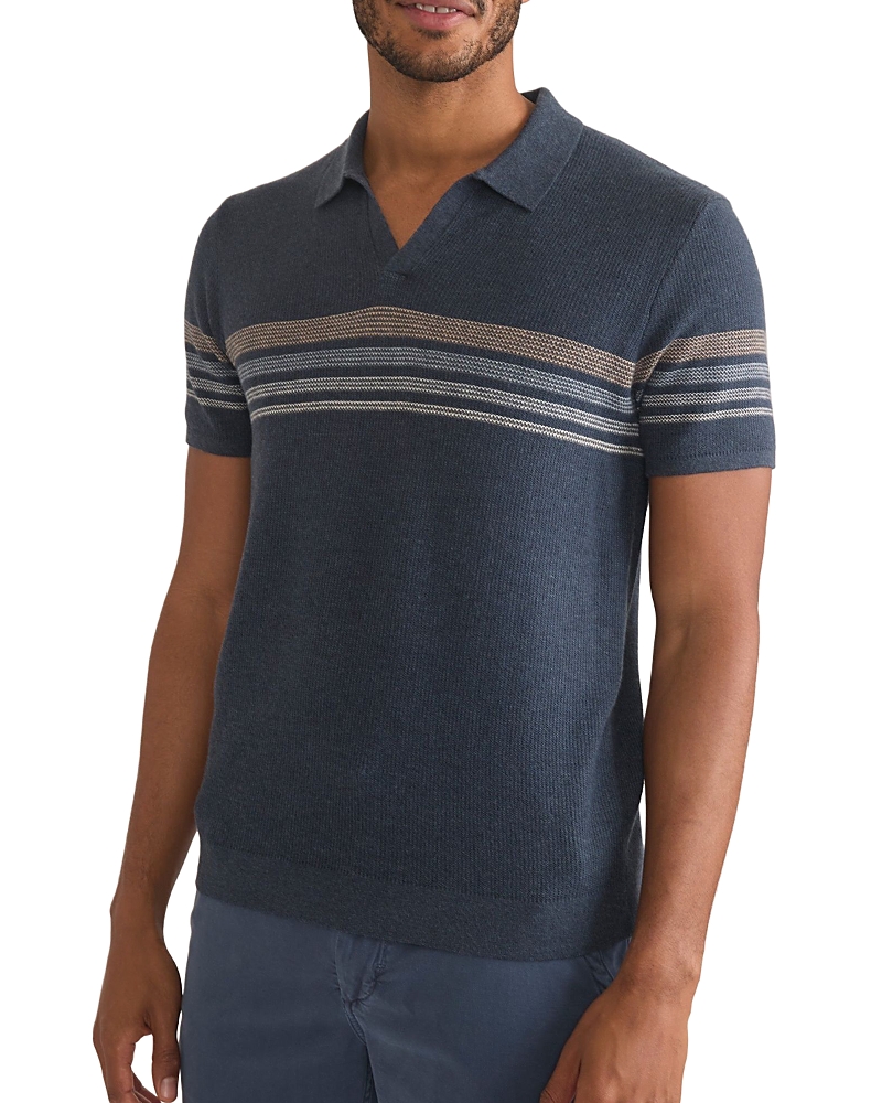 Marine Layer Liam Cotton, Nylon & Wool Stripe Sweater Knit Open Collar Polo Shirt In Navy