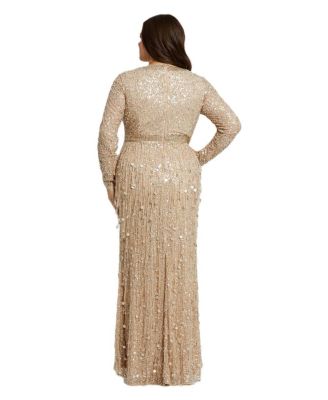  Plus Embellished Fringe Long Sleeve Gown