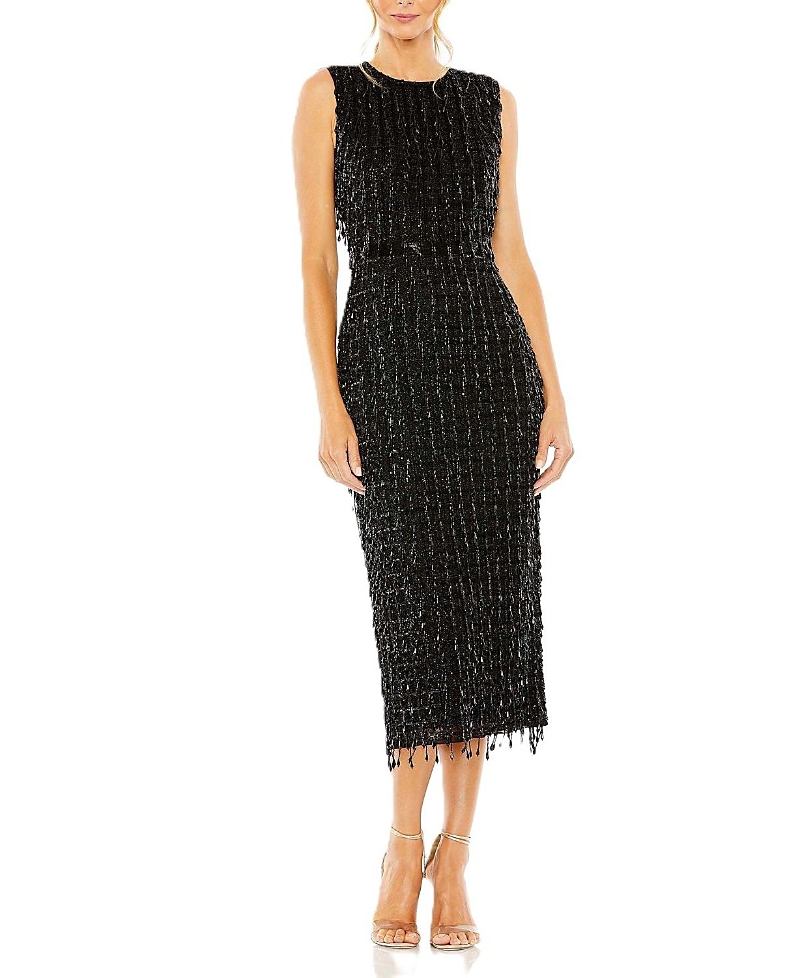 Mac Duggal Embellished Sleeveless Tweed Midi Dress In Black
