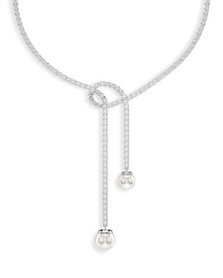 Swarovski - Matrix Crystal & Imitation Pearl Lariat Necklace in Rhodium Plated, 14.12"-16.12"