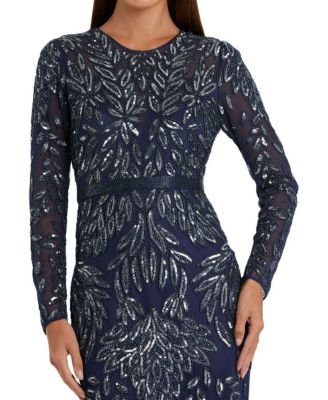 Long Sleeve Illusion Neckline Embellished Gown