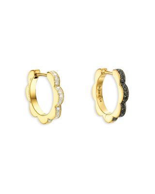 CADAR - 18K Yellow Gold Bloom White & Black Diamond Outline Flower Small Hoop Earrings