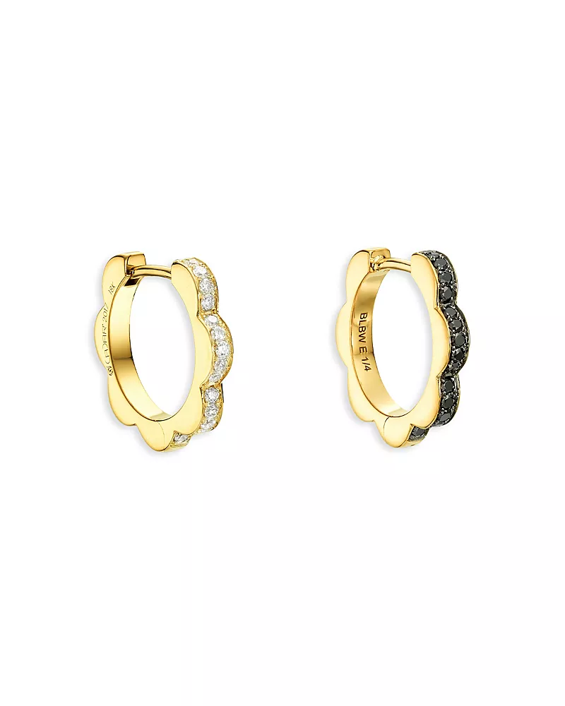 Cadar 18K Yellow Gold Bloom White & Black Diamond Outline Flower Small Hoop Earrings