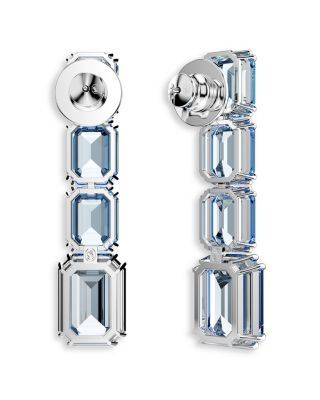 Millenia Blue Octagon Crystal Linear Drop Earrings in Rhodium Plated