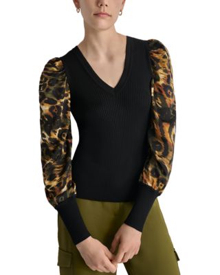 Dkny Mixed Media Printed Sleeve Sweater