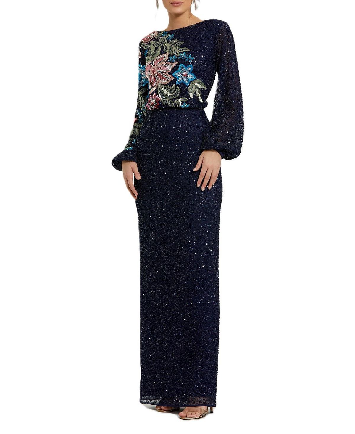 Mac Duggal Embellished Multi Color Floral High Neck Gown