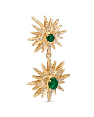 Emerald & Diamond Starburst Drop Earrings in 14K Yellow Gold