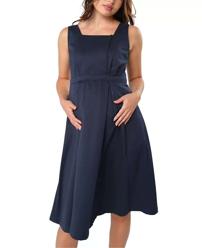 Marion Women's Sleeveless Empire Waist Maternity & Nursing Knee Length Tea Dress in Navy Italian Light Weight Suiting Fabric (Regular & Petite)