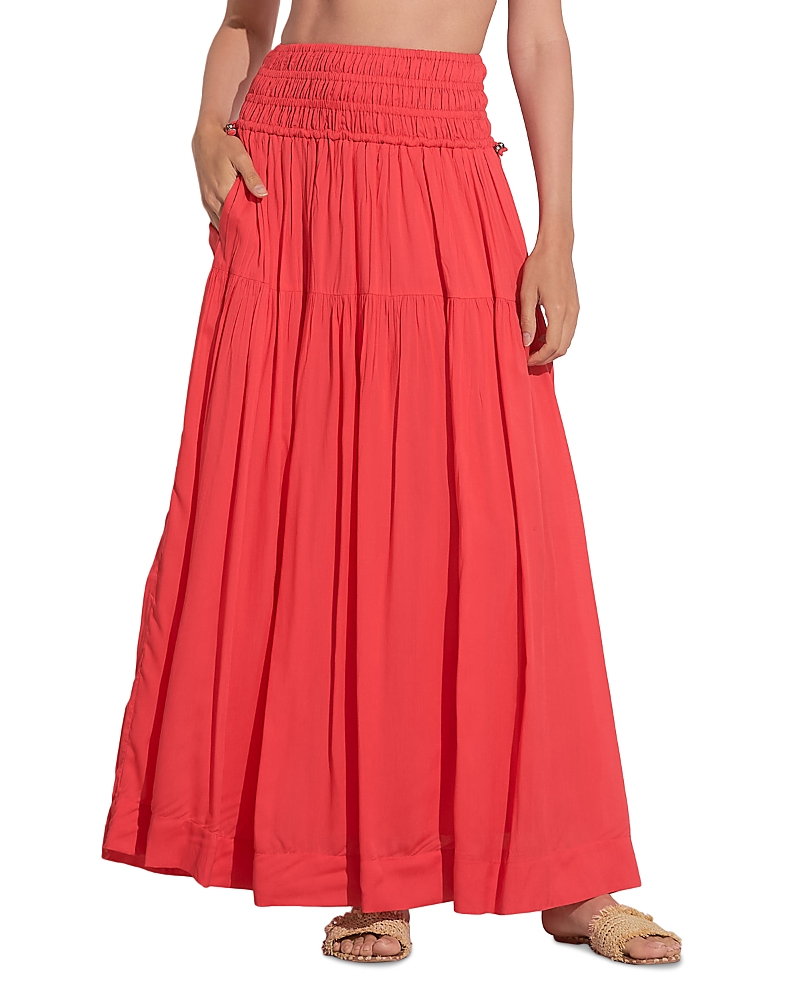 Elan Smocked Waist Midi Swim Cover-up Skirt In Red Coral