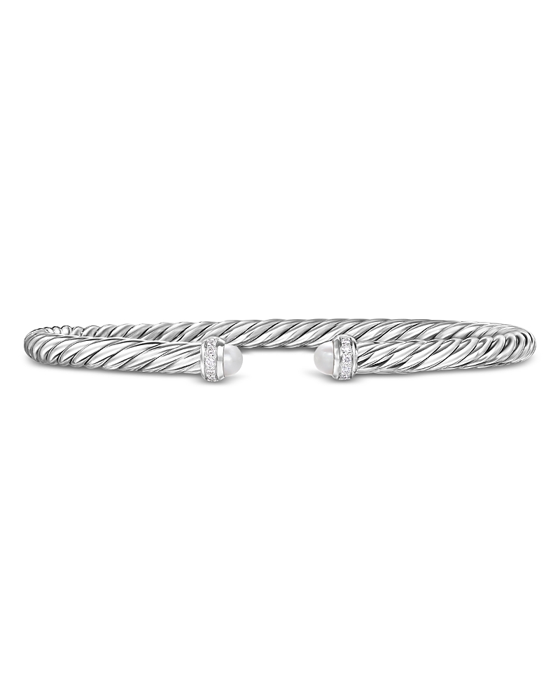 David Yurman Cablespira Flex Bracelet in Sterling Silver with Pearls and Diamonds, 4mm