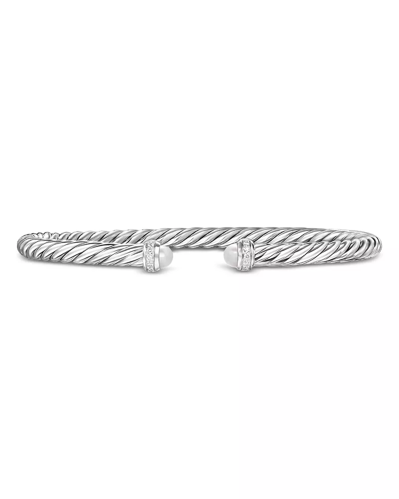 David Yurman Cablespira Flex Bracelet in Sterling Silver with Pearls and Diamonds, 4mm