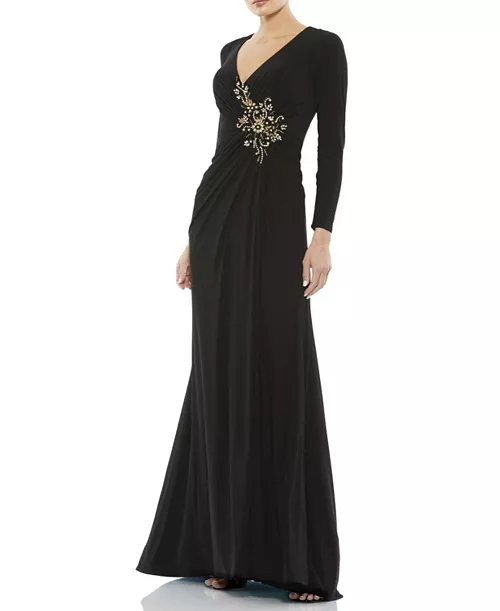 faux wrap long sleeve gown w/ applique detail