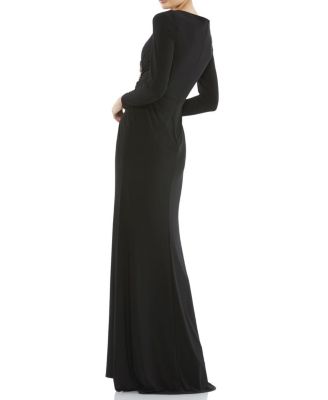 Faux Wrap Long Sleeve Gown w/ Applique Detail