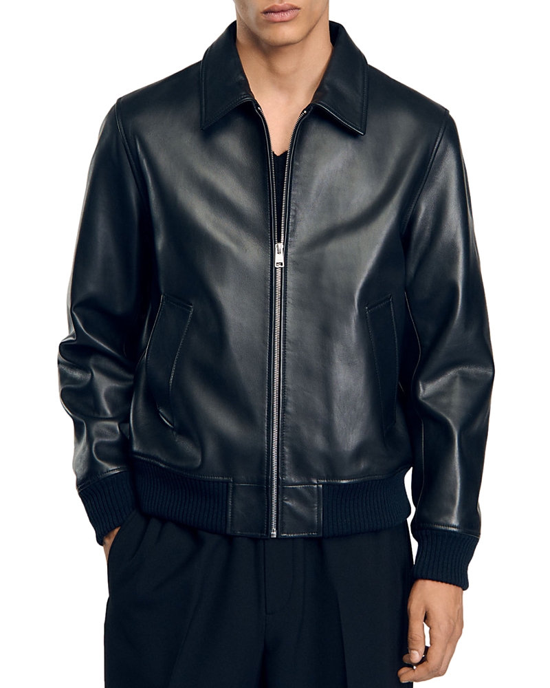Sandro Plain Leather Jacket In Black