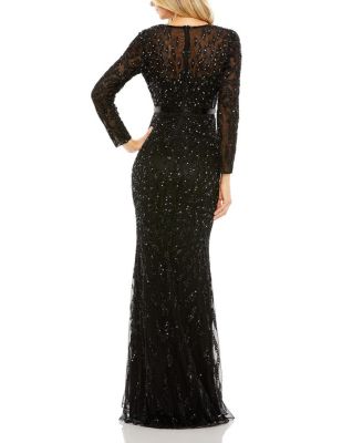  Beaded Long Sleeve Evening Gown