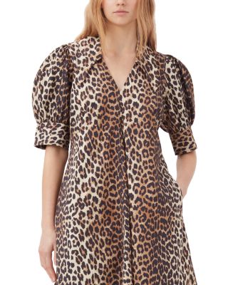 Leopard Cotton Poplin V Neck Maxi Dress