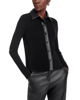TOCCIN - Jordan Long Sleeve Collared Faux Leather Trim Top