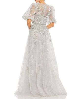 MAC DUGGAL フロントカットアウト イブニングドレス Puff-Sleeve Black Plunge Neck Puff Sleeve Cut Out Gown - Mac Duggal