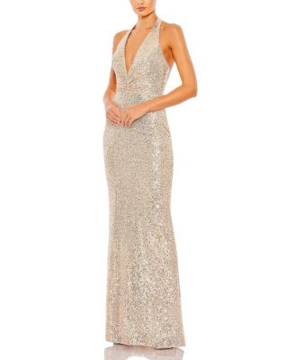 Sequin Halter Strap Plunge Neck Gown