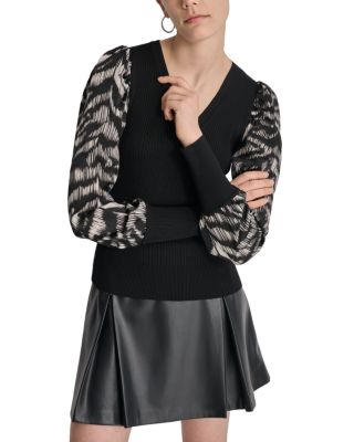 Dkny Mixed Media Printed Sleeve Sweater