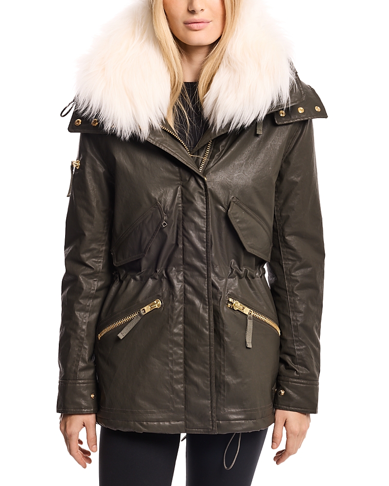 Sam Devon Shearling Trim Parka In Military/white