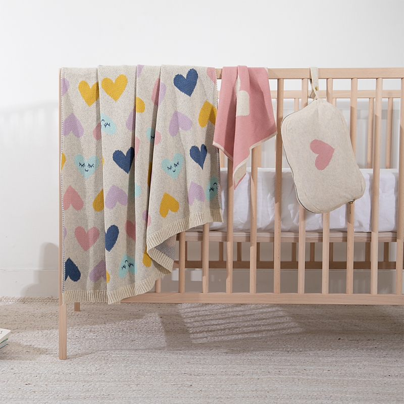 Pink Lemonade Smiley Hearts Baby Blanket & Travel Pouch Set In Pink/ Yellow
