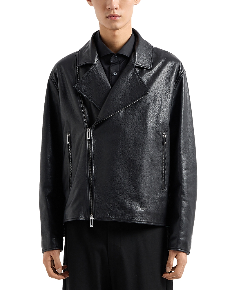 Emporio Armani Asymmetrical Leather Biker Jacket In Black Beauty