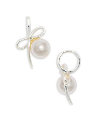 Shashi - Bow & Swarovski Pearl Charm Huggie Hoop Earrings in Rhodium Plated Sterling Silver