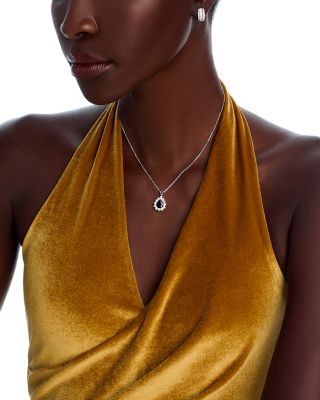 Blue Sapphire & Diamond Pear Halo Pendant Necklace in 14K White Gold, 16"