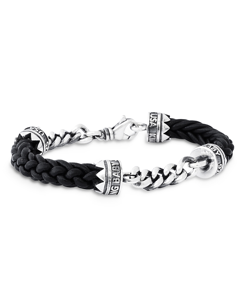 King Baby Studio Men's Sterling Silver Men's Double Chain & Leather Bracelet In Black/silver