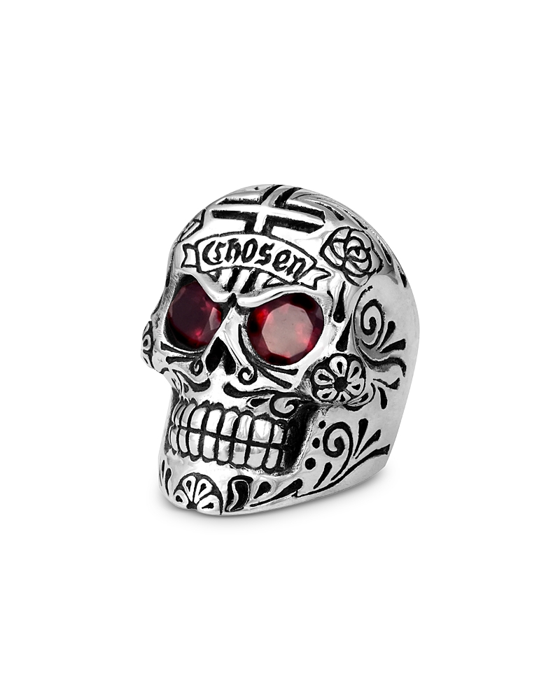 King Baby Studio Large Skull Ring With Chosen Cross Detail And Garnet Eyes In Red/silver