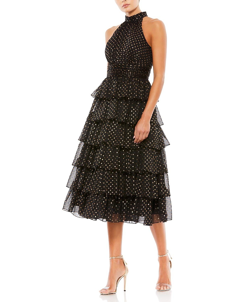 Mac Duggal High-neck Tiered Dotted Midi-dress In Black Gold