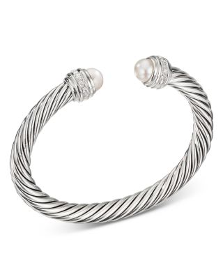 David Yurman Classic Cable Bracelet in Sterling Silver with Pearls and Diamonds, 7mm