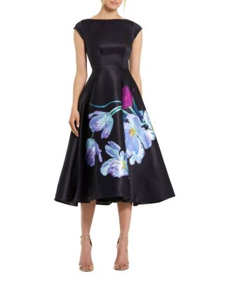 Satin Cap Sleeve Midi Dress With Floral Print