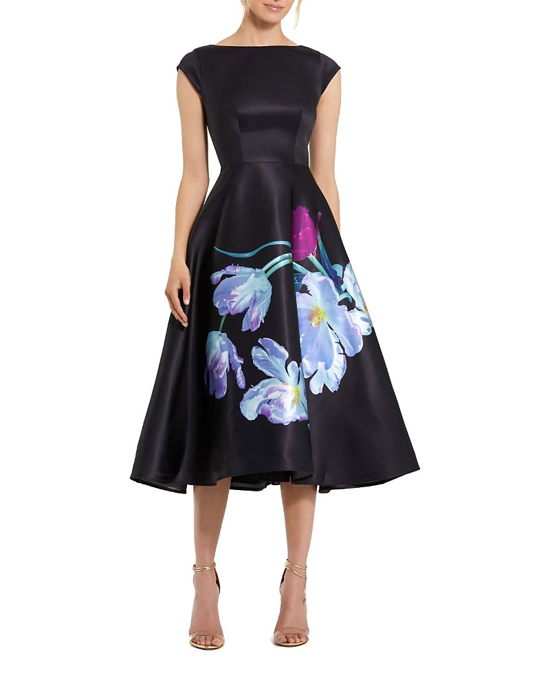 Mac Duggal Satin Cap Sleeve Midi Dress With Floral Print In Black Multi