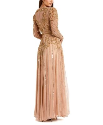 Beaded Illusion Puff Sleeve Gown