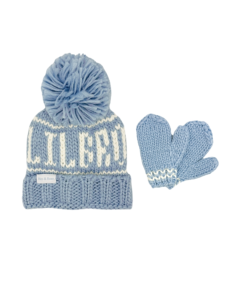 Bits & Bows Boys' Lil Bro Bobble Hat & Mittens Set - Baby, Little Kid In Blue/white