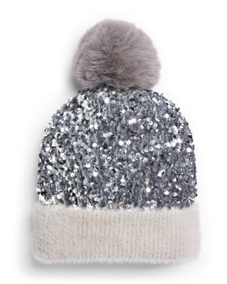 Girls' Knit Sequin Beanie Hat With Faux Fur Pom - Big Kid