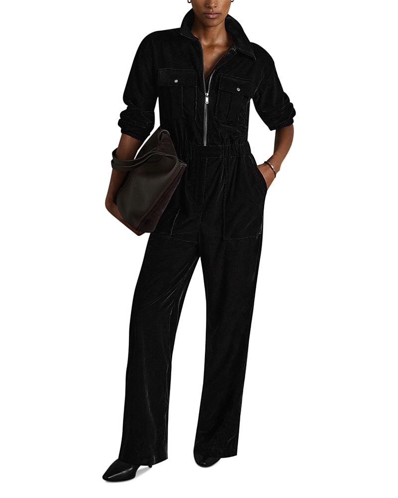 Reiss Black Vinnia Patch-pocket Velvet Jumpsuit In Black