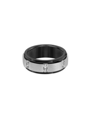 Men&#39;s Diamond Pav&amp;eacute; Cut Bevel Edge Band Ring in Sterling Silver &amp; Tungsten, 0.36 tcw