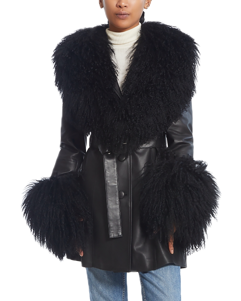 Susanna Chow Leather Shearling Trim Belted Jacket In Black