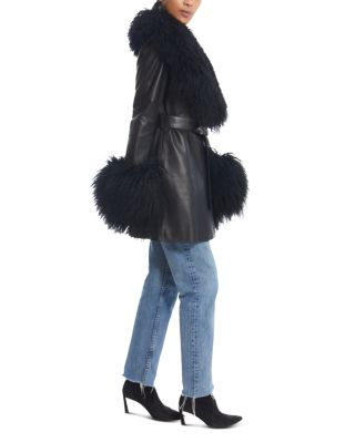 Leather Shearling Trim Belted Jacket