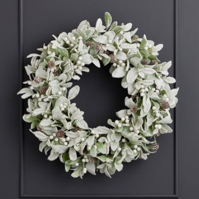 Snowy Lambs Ear & White Holly Berry Wreath & Garland, 24"