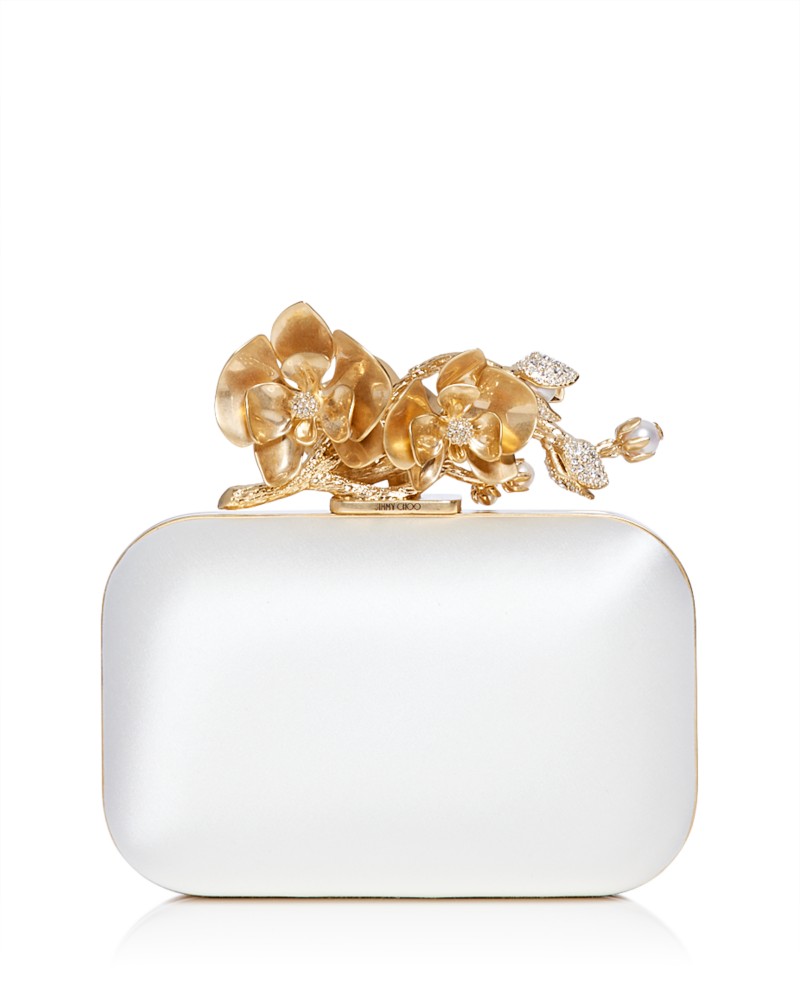 Jimmy Choo Cloud Satin Flower Jewel Clutch in Ivory/Gold