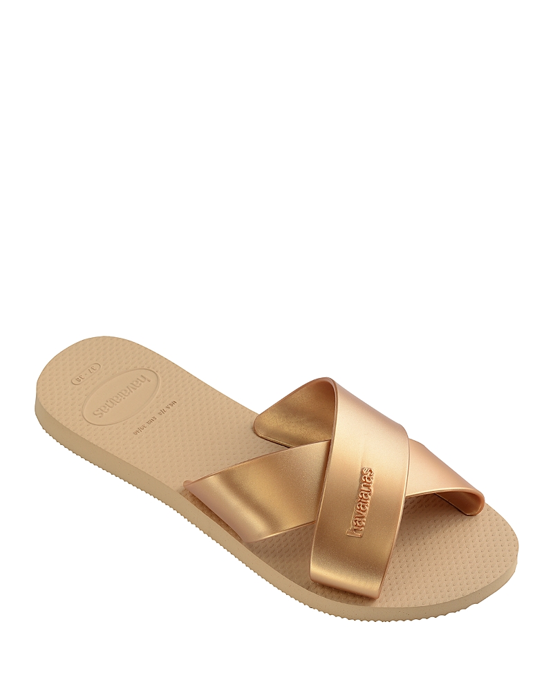 Havaianas Aqua Metallic Cross-strap Slides In Golden